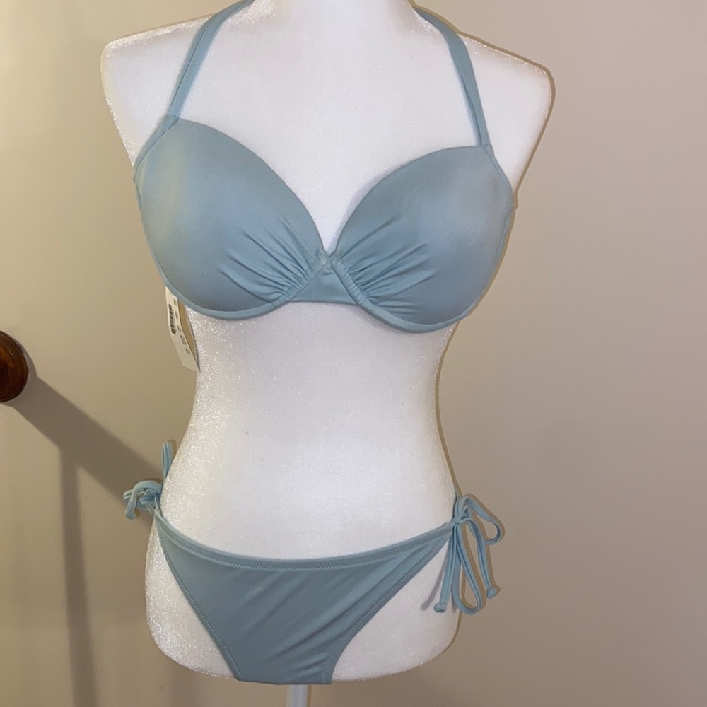 J. Crew Lace up Side tie Lowrider Bikini blue with halter top 36C M